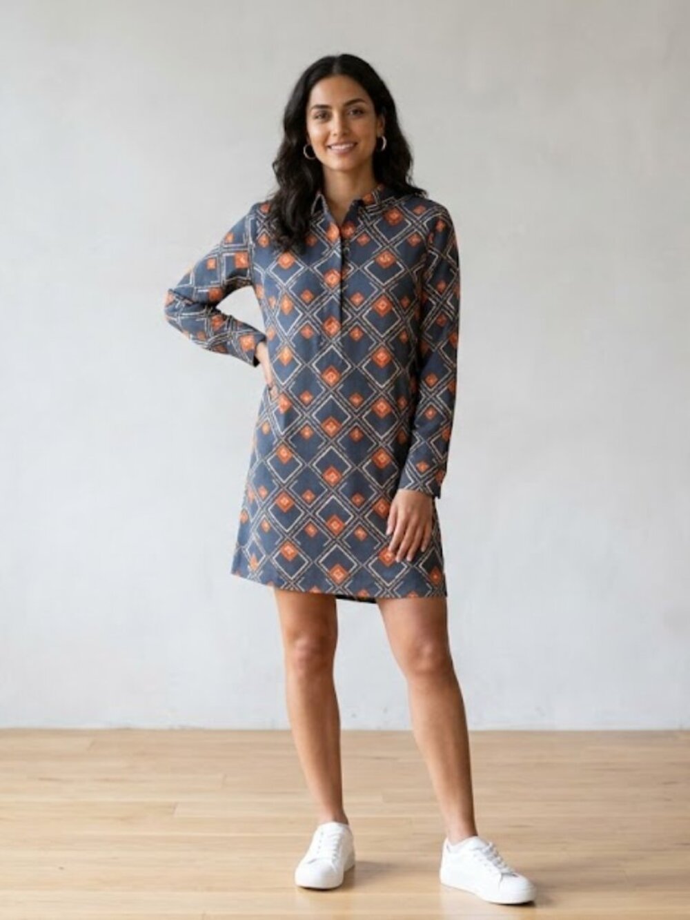 Zara Shift Dress Women's Medium Navy Blue/Orange Long Sleeve Geometric Print